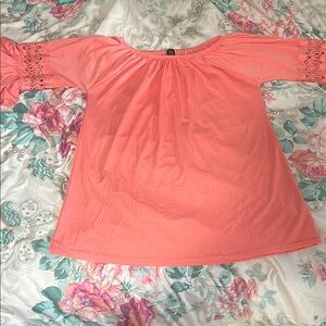 Coral Women's Top with Lace Sleeves